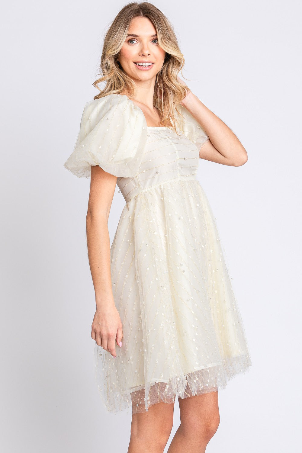 GeeGee Pearl Mesh Puff Sleeve Babydoll Dress - Elegant Special Occasion Wear