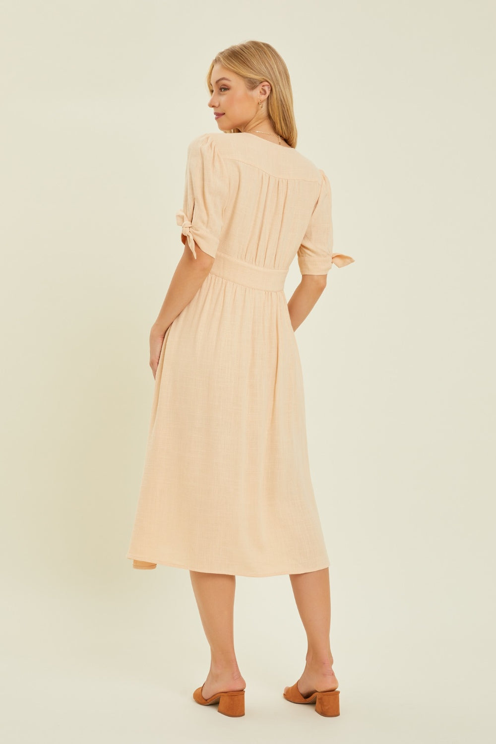 HEYSON Full Size Textured Linen V-Neck Button-Down Midi Dress with Pockets