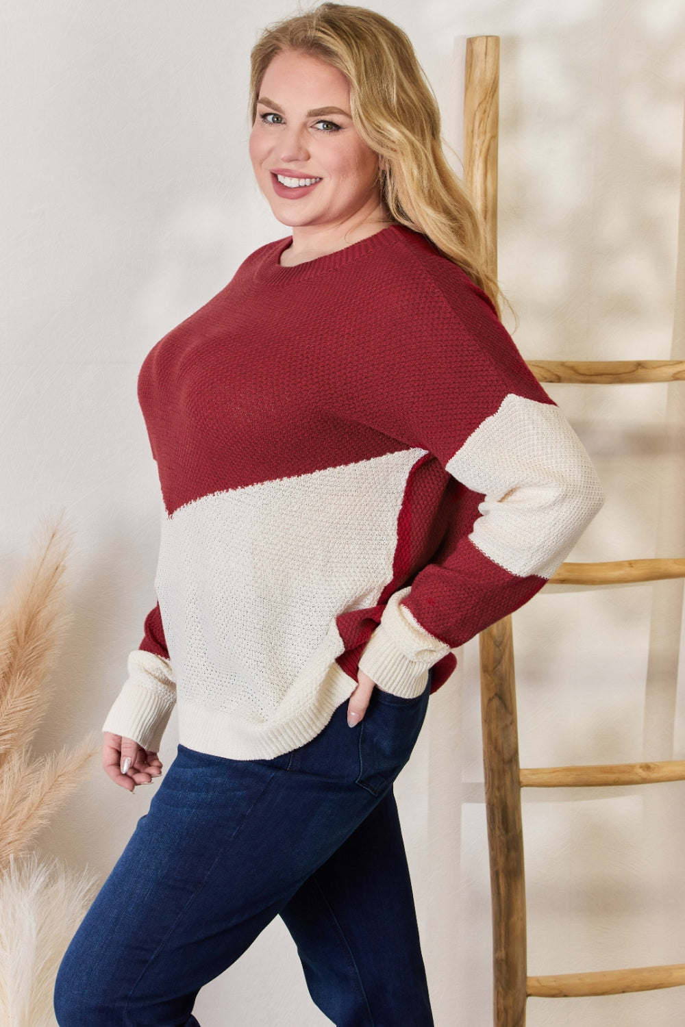 Hailey & Co Full Size Color Block Dropped Shoulder Knit Top - Stylish & Comfortable