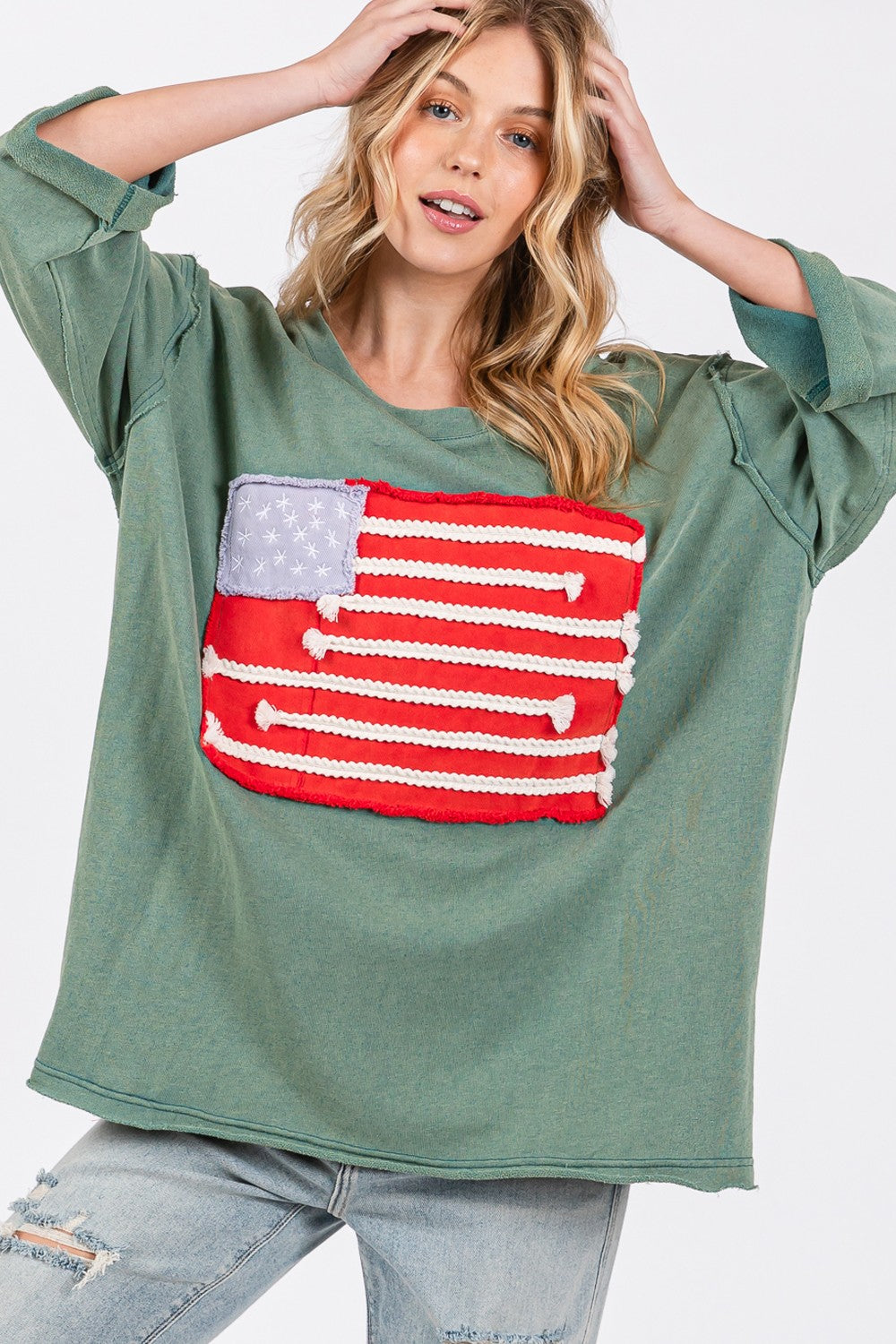 SAGE + FIG Patriotic American Flag Patch Cotton T-Shirt - Drop Shoulder Style