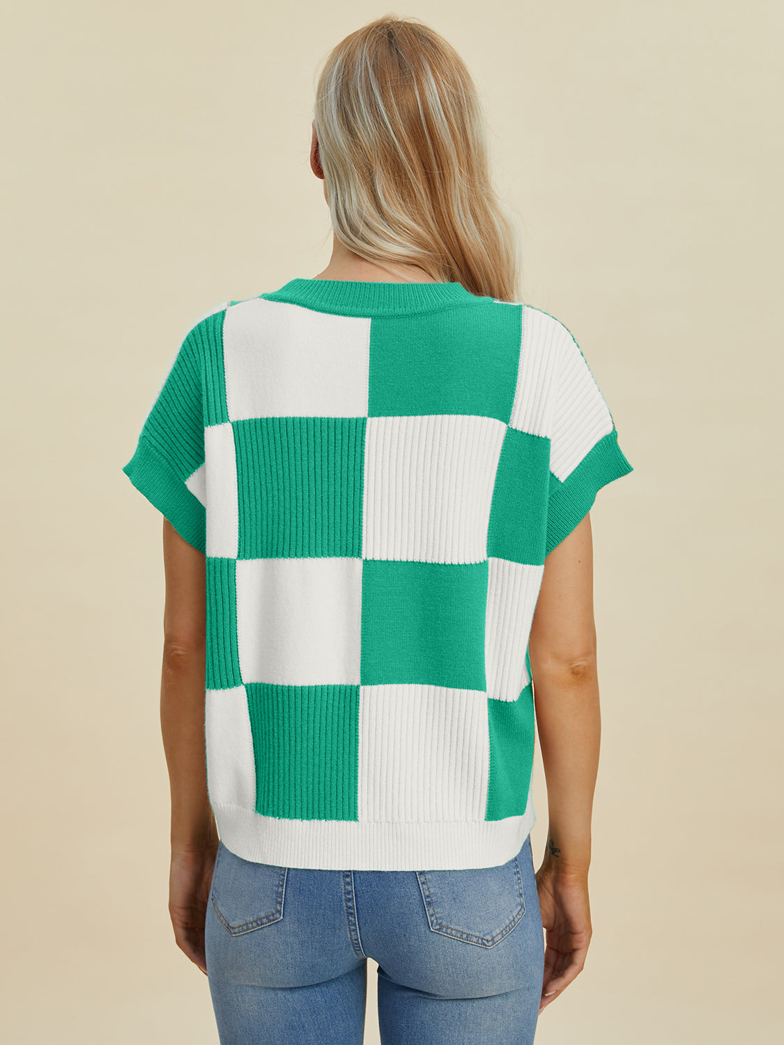 Stylish Checkered Round Neck Short Sleeve Sweater - Double Take Collection