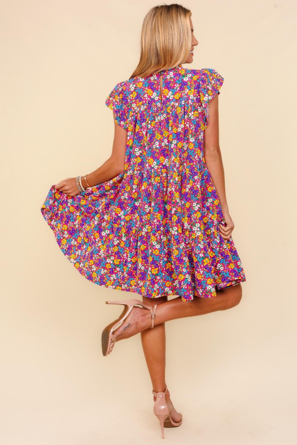 Haptics Frilled Mock Neck Ditsy Floral Dress with Pockets