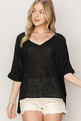 HYFVE V-Neck High-Low Cotton T-Shirt with Relaxed Fit