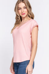 ACTIVE BASIC Women's Lace Trim V-Neck Short Sleeve Ribbed Top