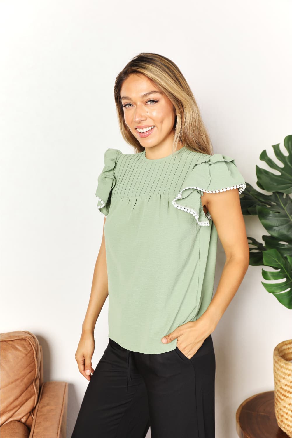 Stylish Pleated Detail Flutter Sleeve Blouse - Casual & Versatile