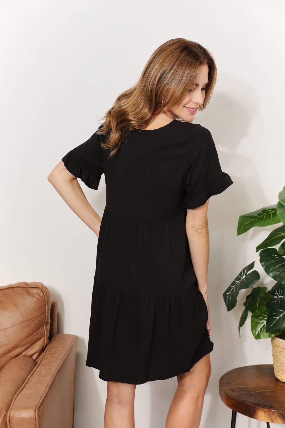 Elegant V-Neck Flounce Sleeve Tiered Dress - Perfect for Every Occasion