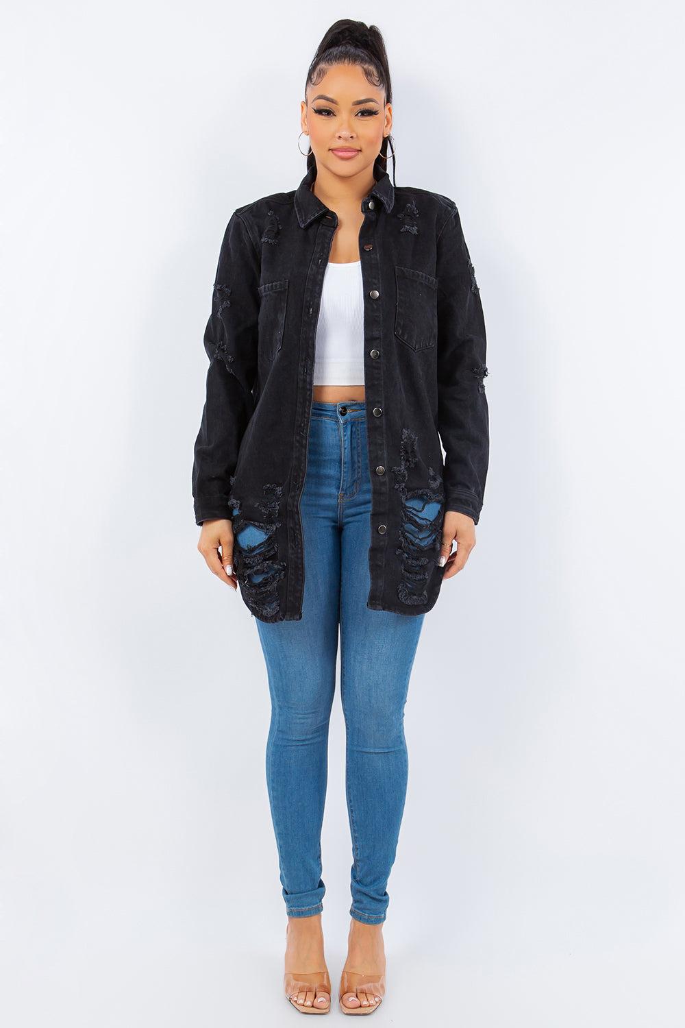 American Bazi Distressed Long Sleeve Denim Jacket - Trendy Button-Up Design