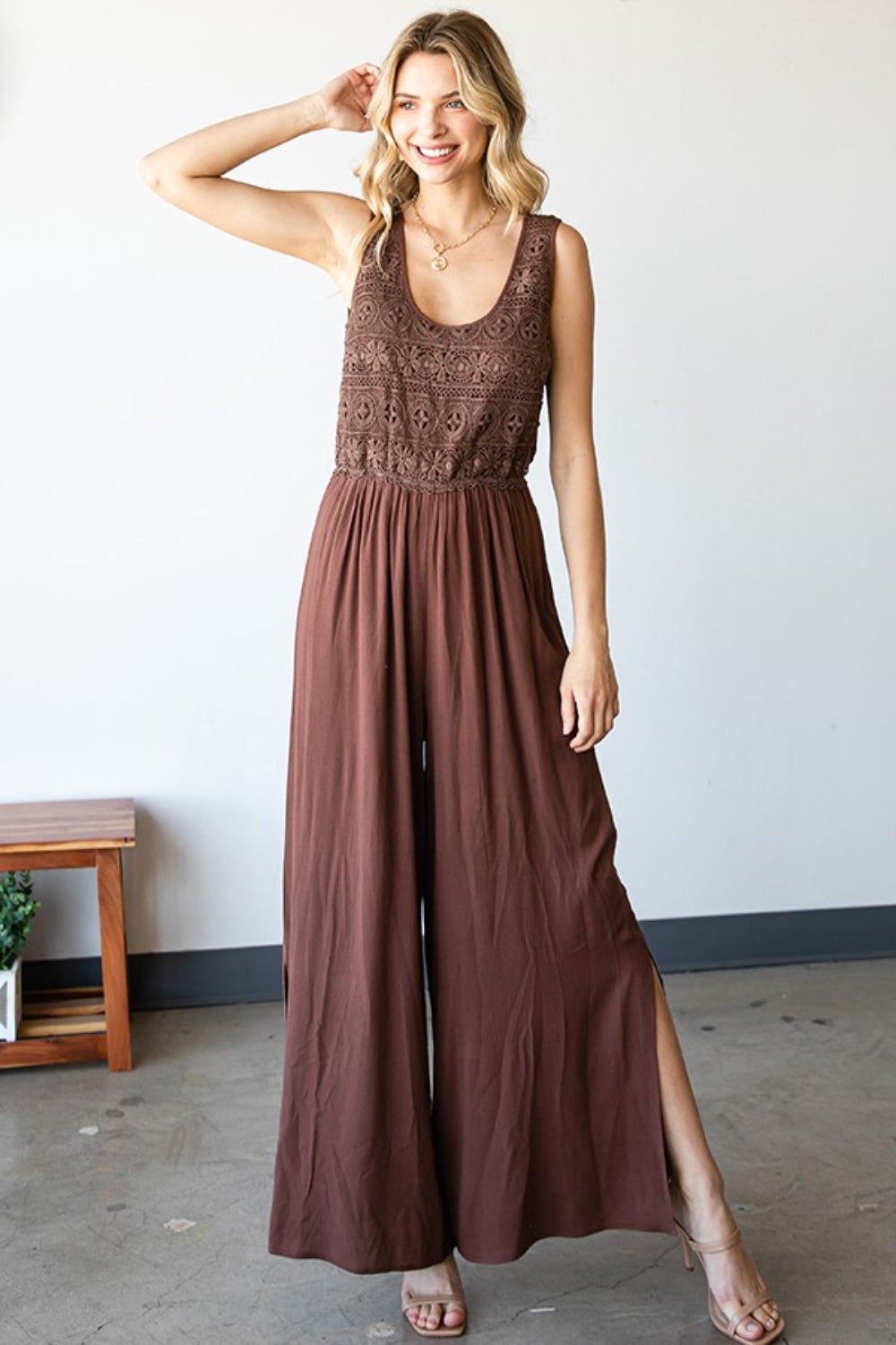 First Love Tie Back Sleeveless Wide Leg Jumpsuit with Slit for Women