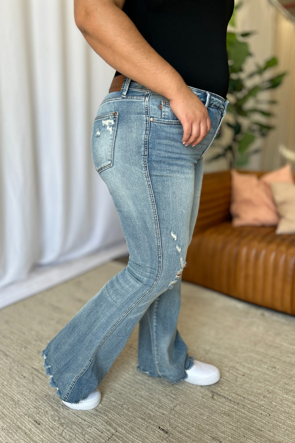 Judy Blue Women's Distressed Tummy Control Flare Jeans - Medium Rise Denim