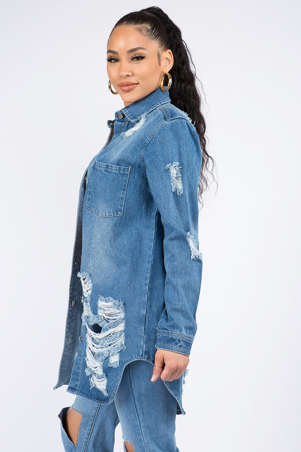 American Bazi Distressed Denim Shirt Jacket - Vintage Style for Everyday Wear