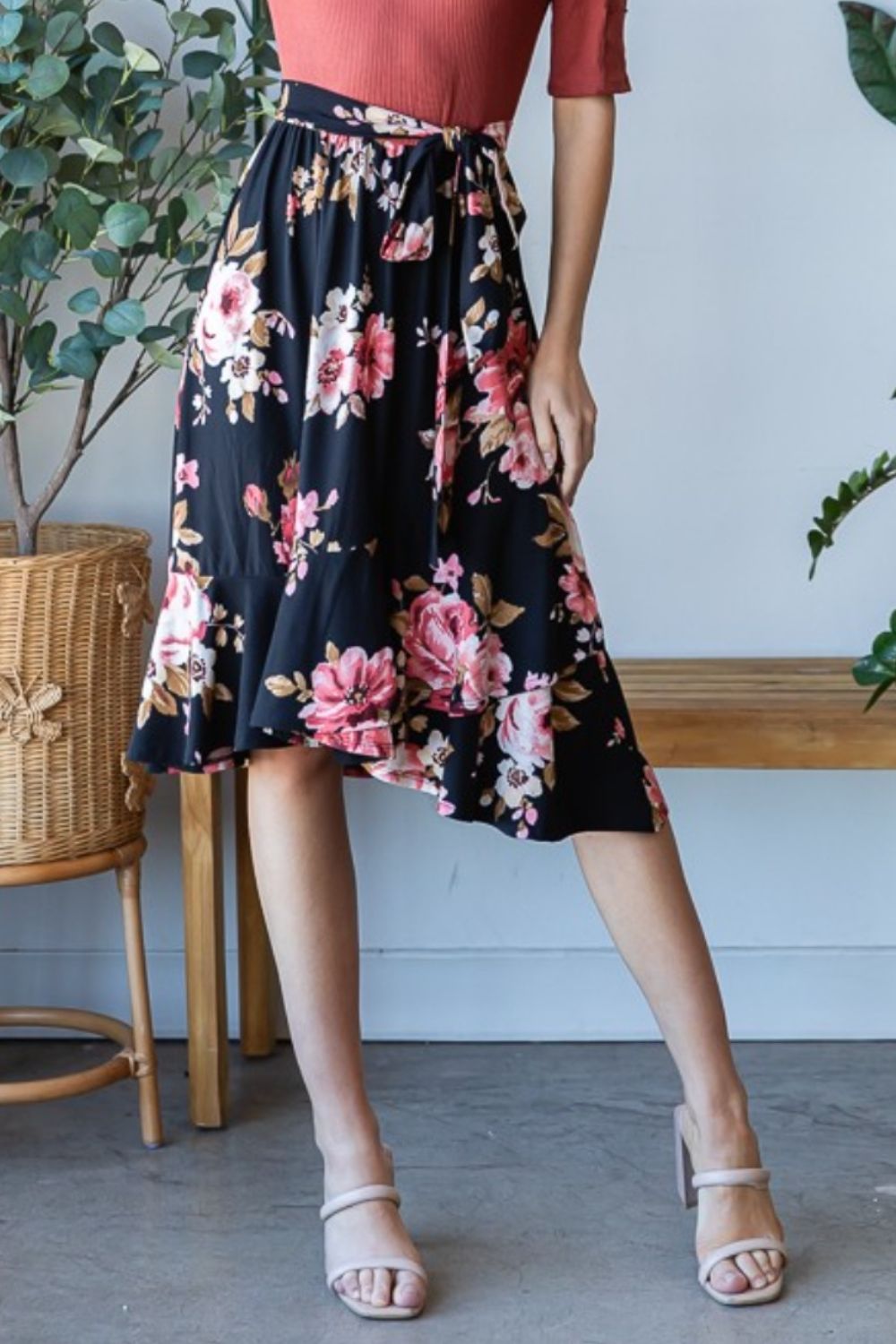 Reborn J Women's Floral Wrap Ruffle Hem Skirt - Elegant & Versatile