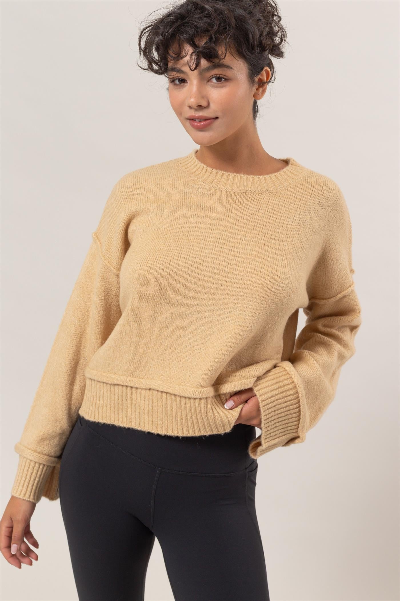 HYFVE Women's Ribbed Sweater with Round Neck and Dropped Shoulders