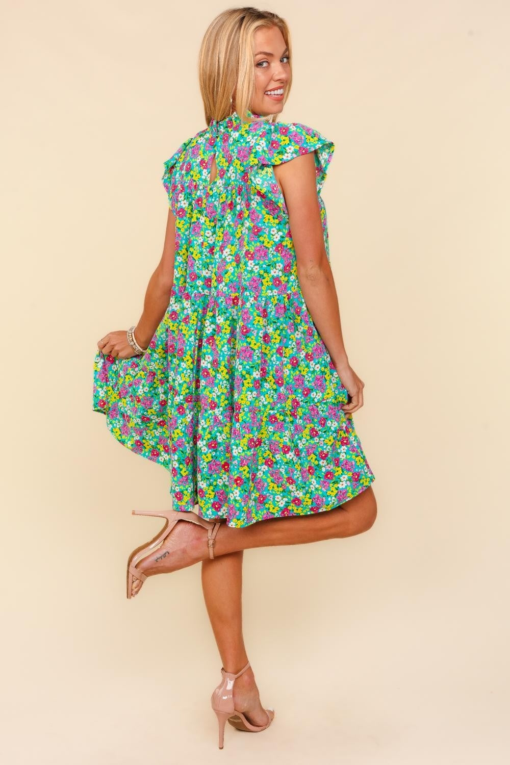 Haptics Frilled Mock Neck Ditsy Floral Dress with Tiered Design & Pockets