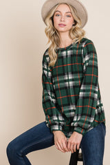 BOMBOM Women's Plaid Curved Hem Round Neck Long Sleeve Top - Stylish & Comfortable