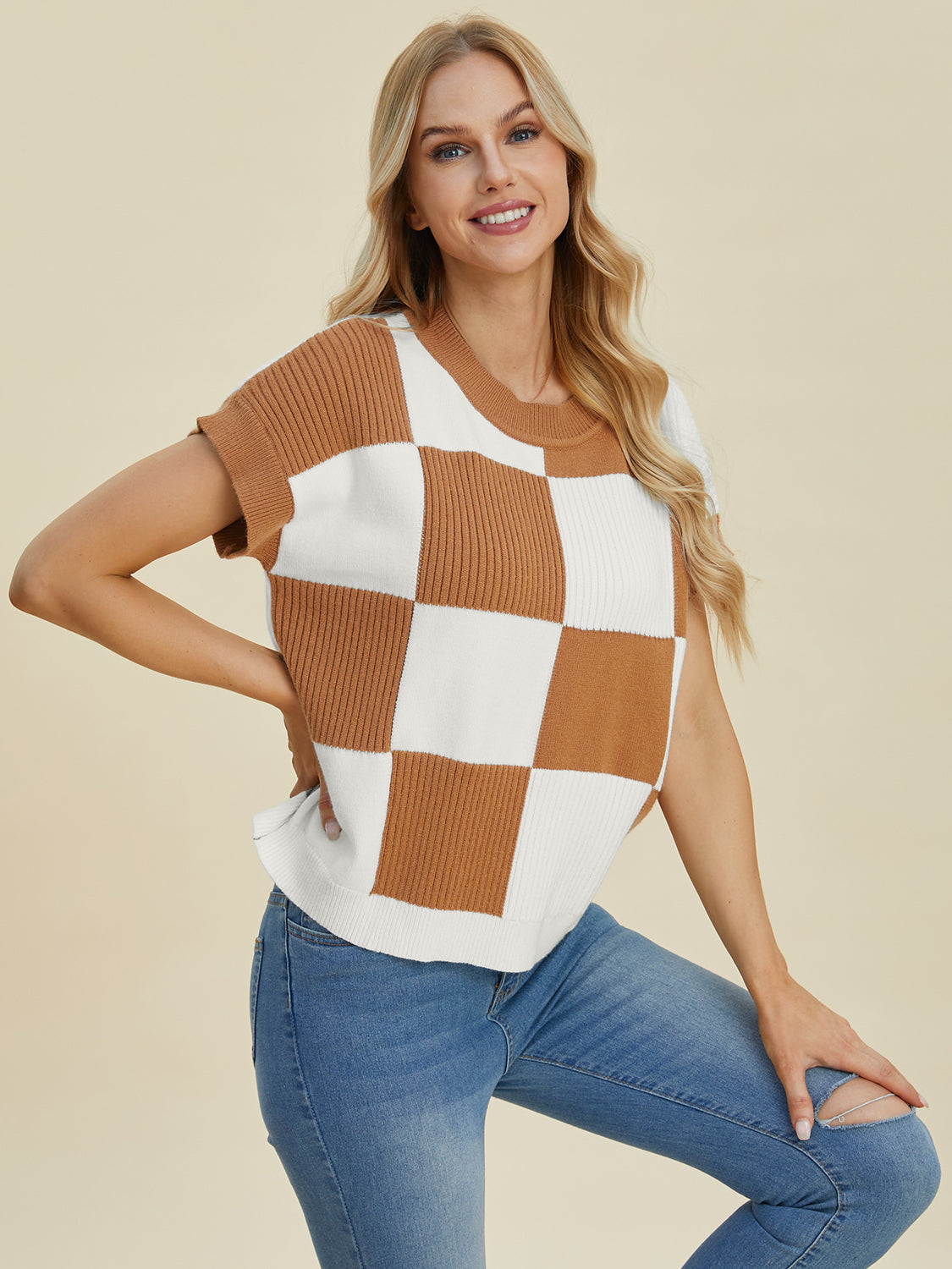 Stylish Checkered Round Neck Short Sleeve Sweater - Double Take Collection