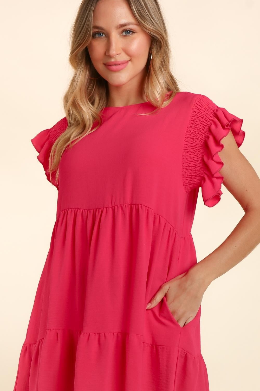 Elegant Ruffle Dress with Smocked Waist & Pockets - Full Size Range