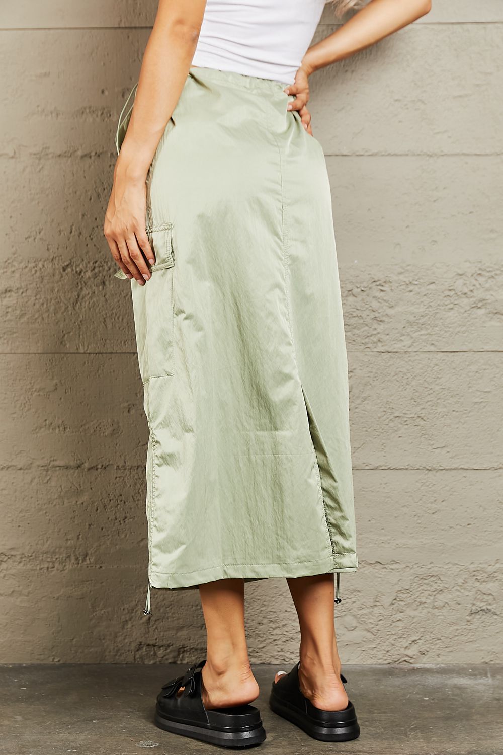 HYFVE High Waisted Cargo Midi Skirt with Elegant Scrunch Detail