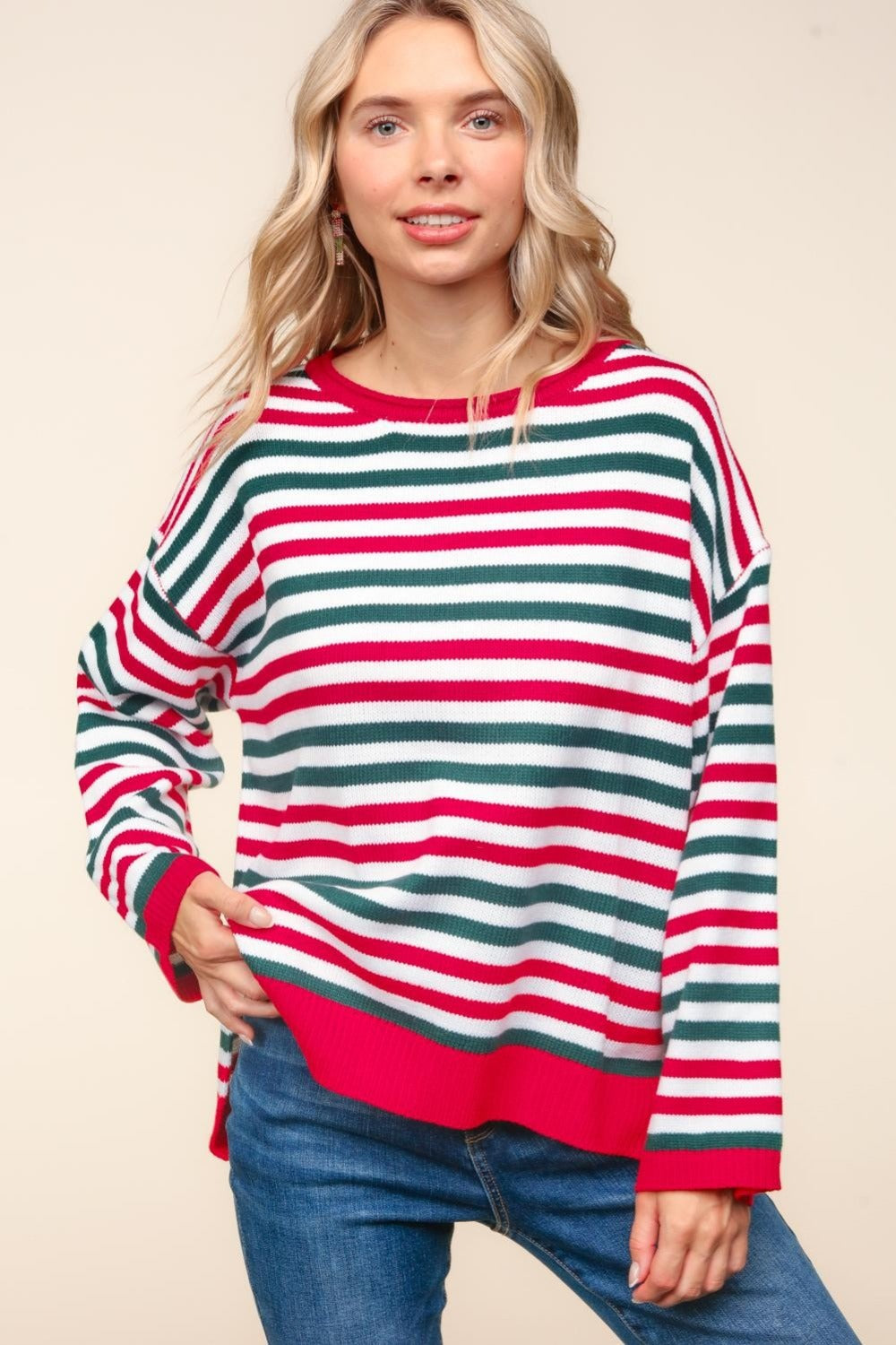 Haptics Women's Full Size Striped Knit Top with Contrast Side Slits