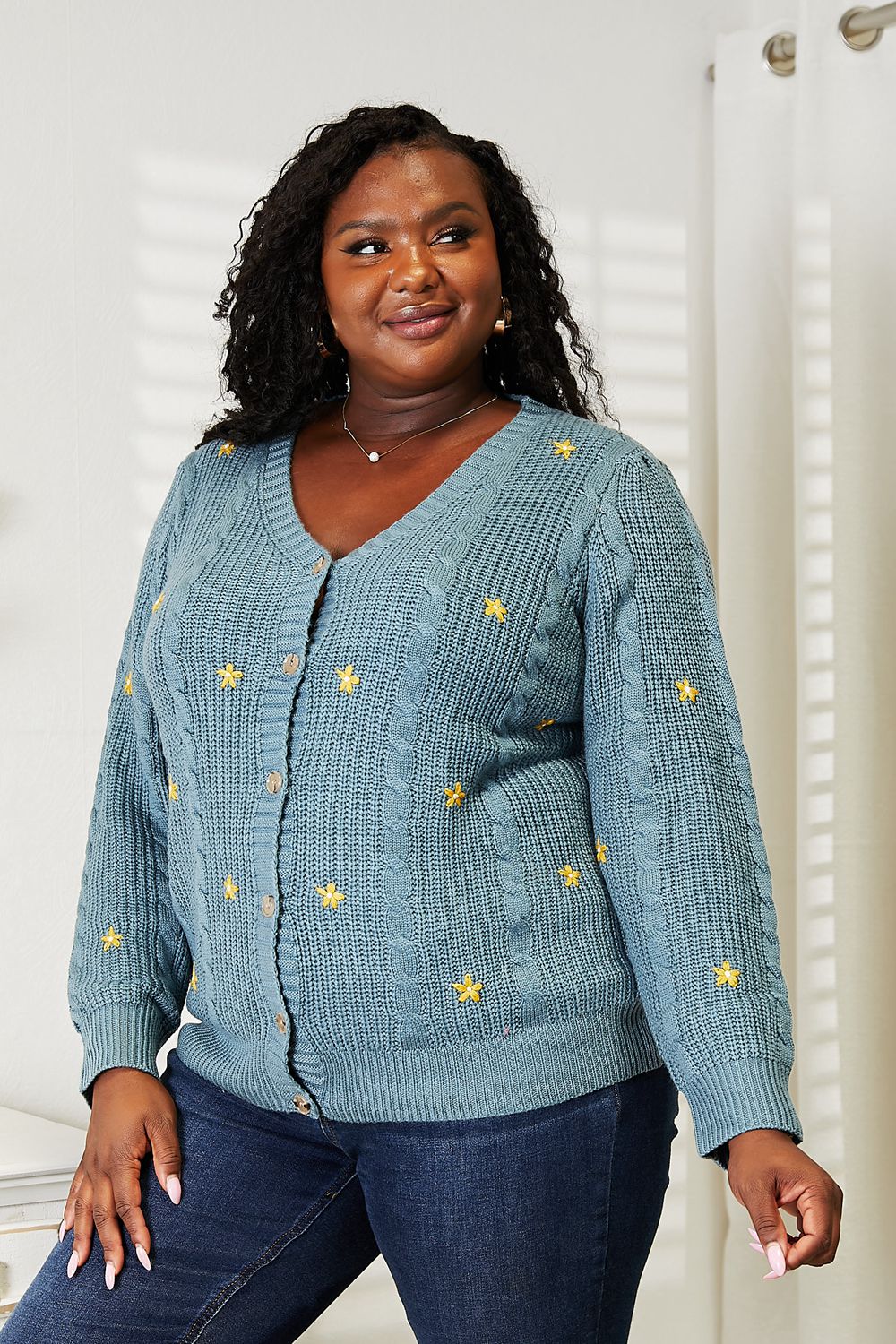 HEYSON Full Size Floral Embroidered Cable Knit Cardigan - Cozy & Elegant