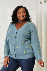 HEYSON Full Size Floral Embroidered Cable Knit Cardigan - Cozy & Elegant