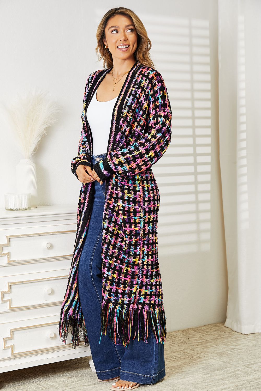 Full Size Colorful Fringe Hem Cardigan - Boho Chic Layering Piece
