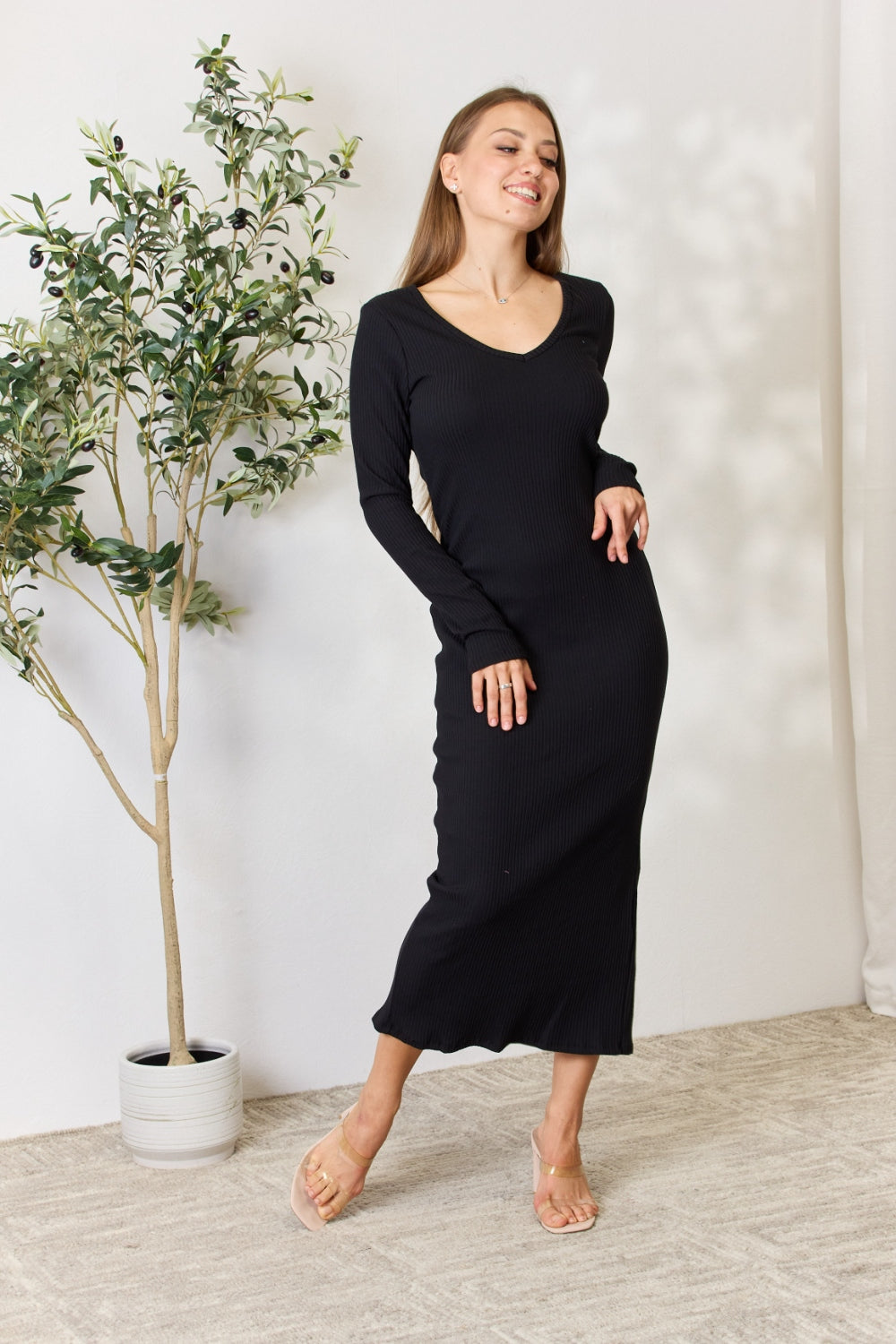 Culture Code Ribbed Long Sleeve Midi Slit Dress - Chic & Versatile