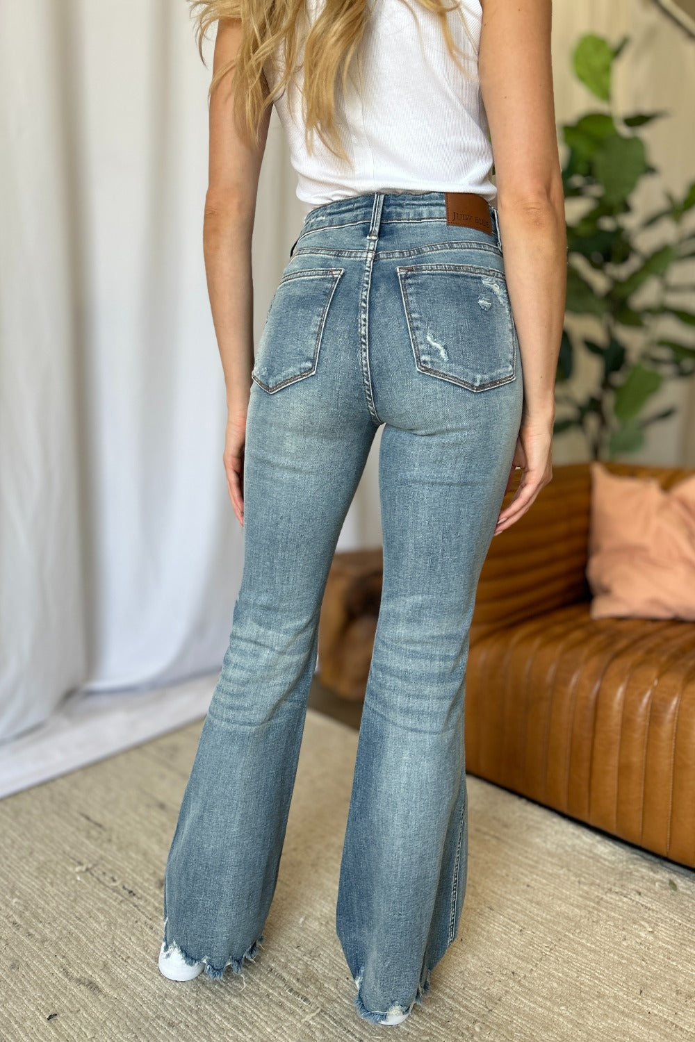 Judy Blue Women's Distressed Tummy Control Flare Jeans - Medium Rise Denim
