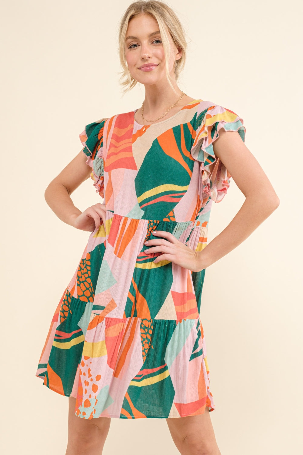 And The Why Printed Double Ruffle Sleeve Dress - Flirty & Feminine Style