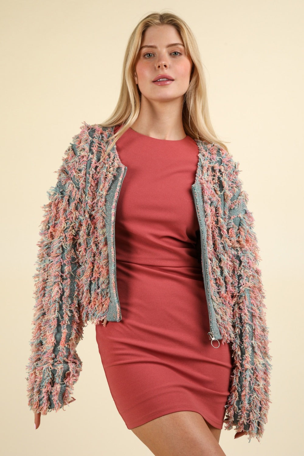 VERY J Shaggy Yarn Knit Zip Up Jacket - Cozy & Festive Holiday Outerwear
