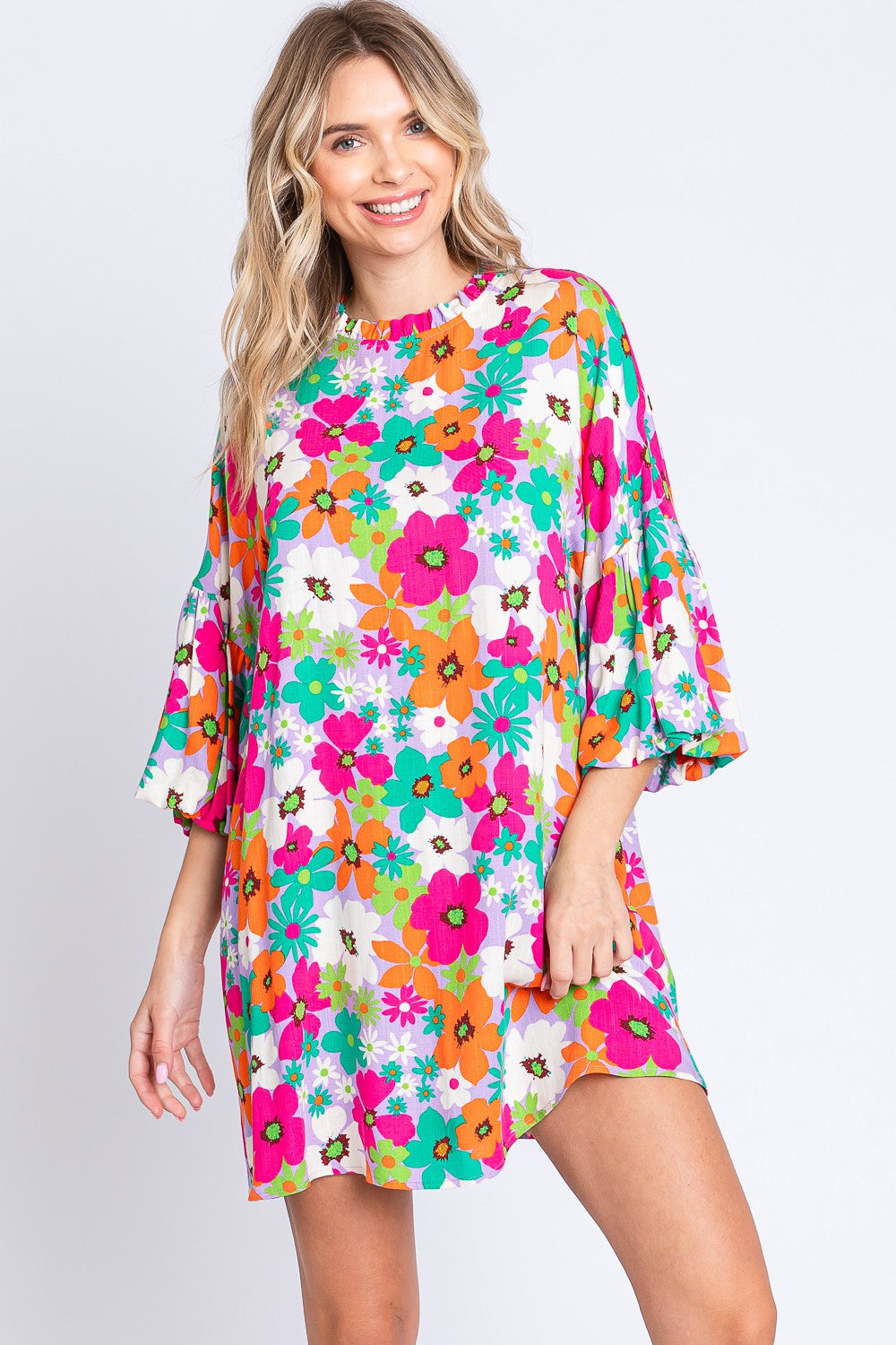 GeeGee Women's Floral Lantern Sleeve Mini Dress - Romantic Round Neck