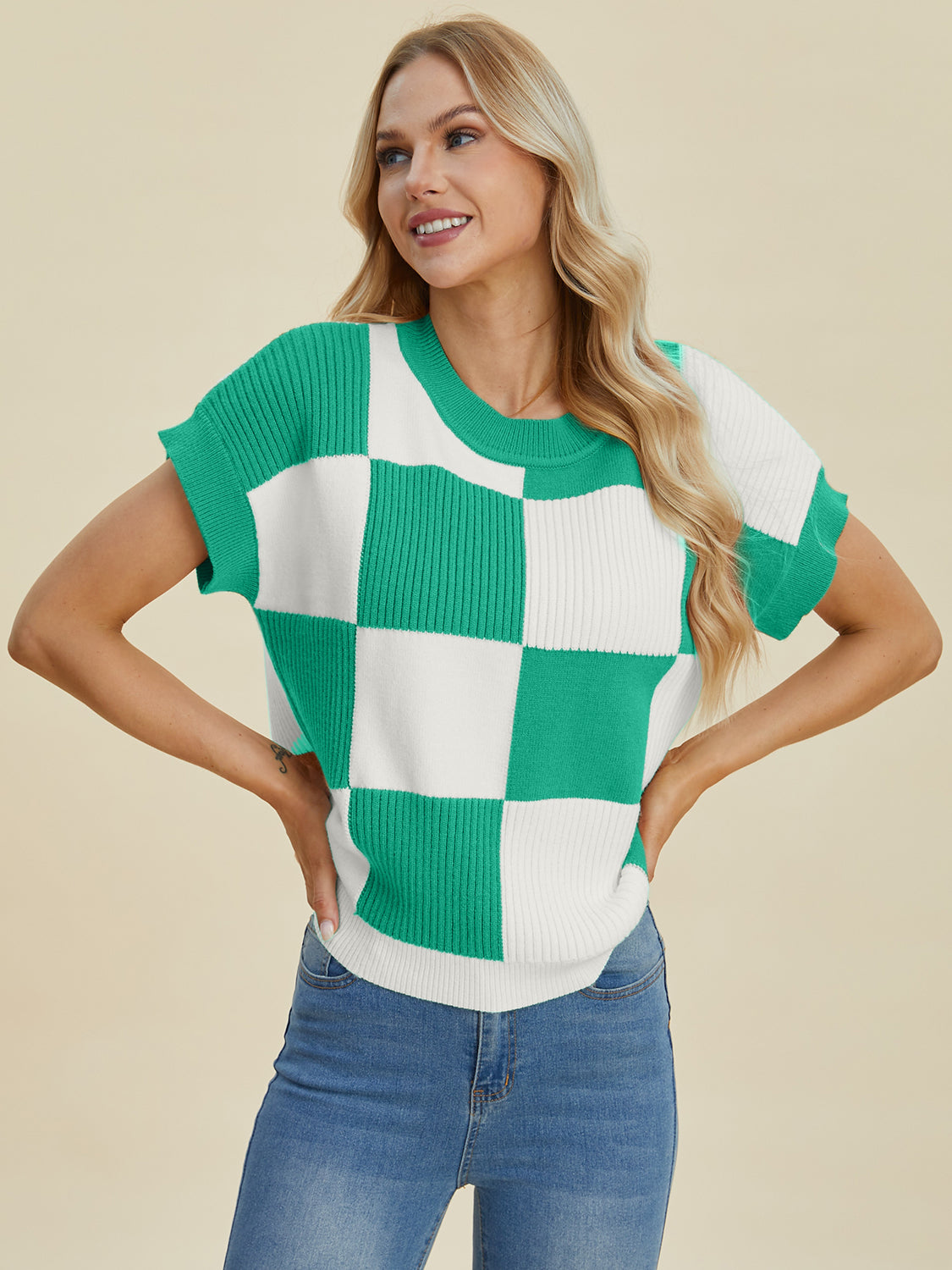 Stylish Checkered Round Neck Short Sleeve Sweater - Double Take Collection