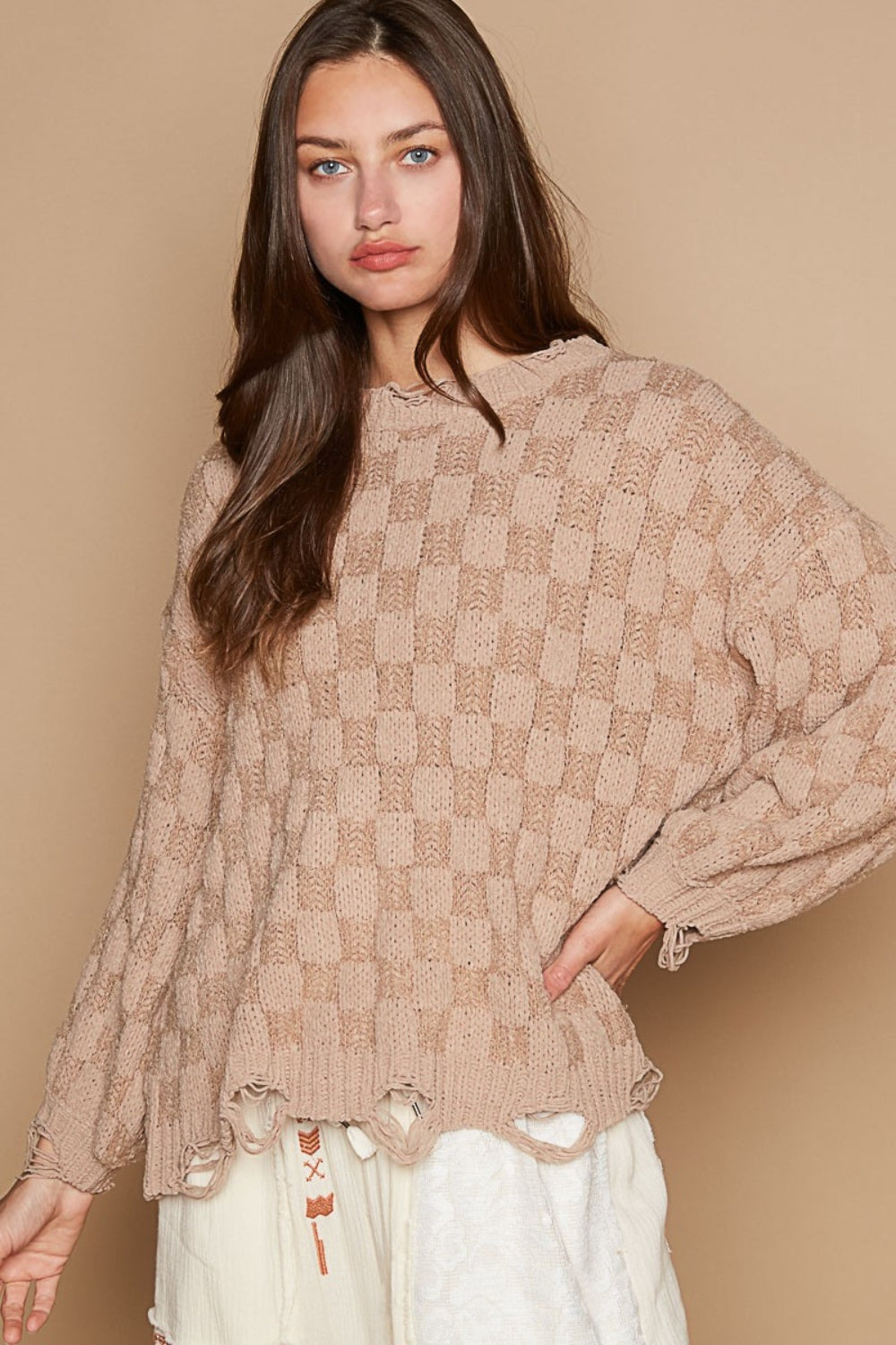 POL Checkered Distressed Edge Oversized Sweater - Cozy Chenille Fabric