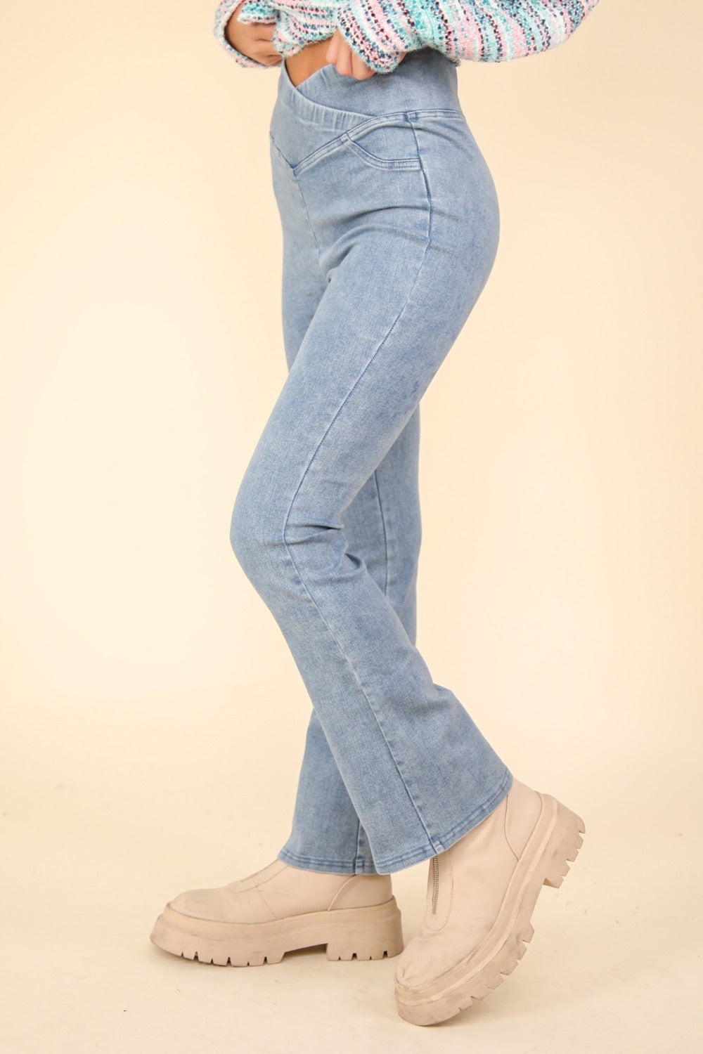 Trendy Crossover Waist Washed Denim Leggings - Stretch & Style by VERY J