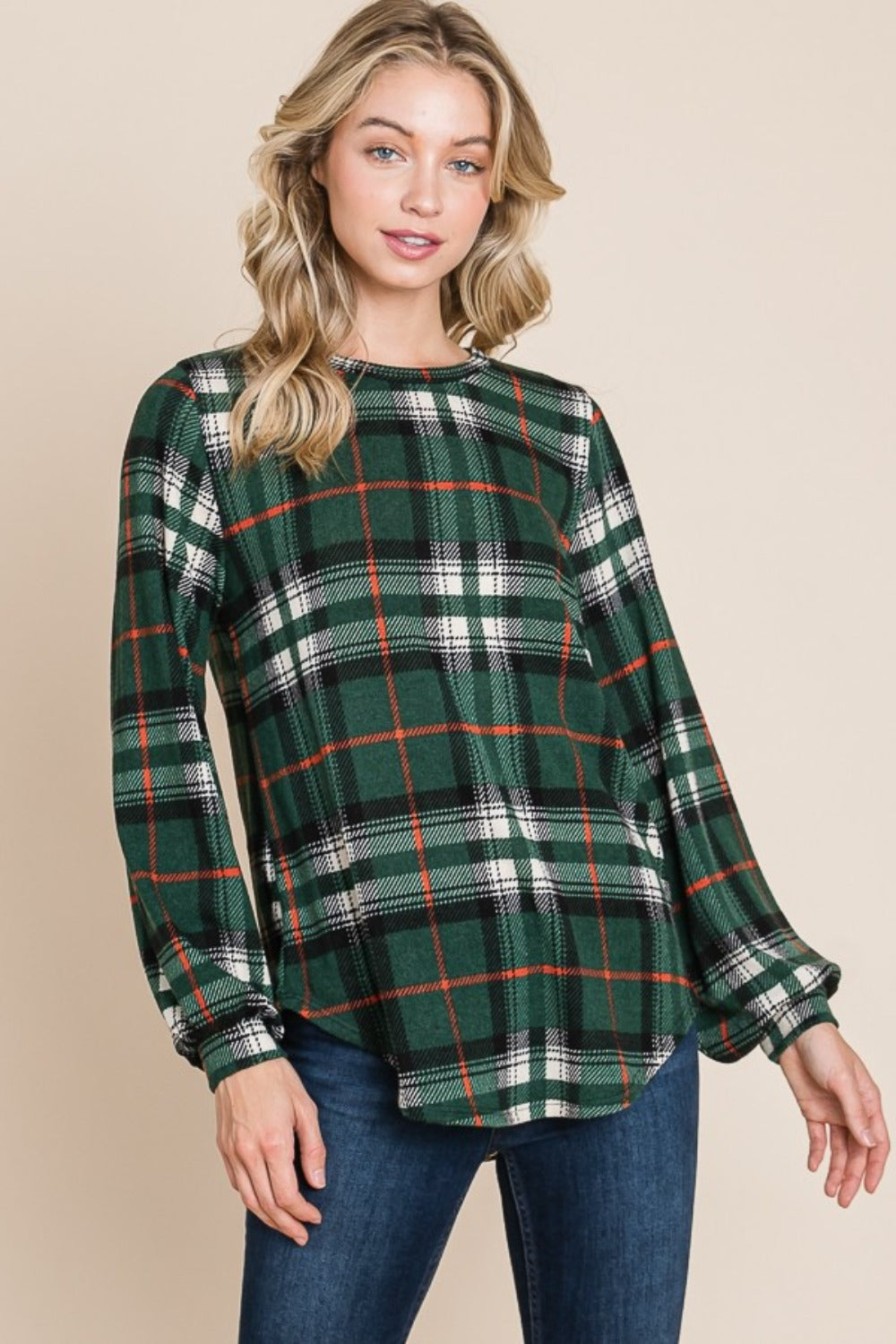 BOMBOM Women's Plaid Curved Hem Round Neck Long Sleeve Top - Stylish & Comfortable