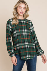 BOMBOM Women's Plaid Curved Hem Round Neck Long Sleeve Top - Stylish & Comfortable