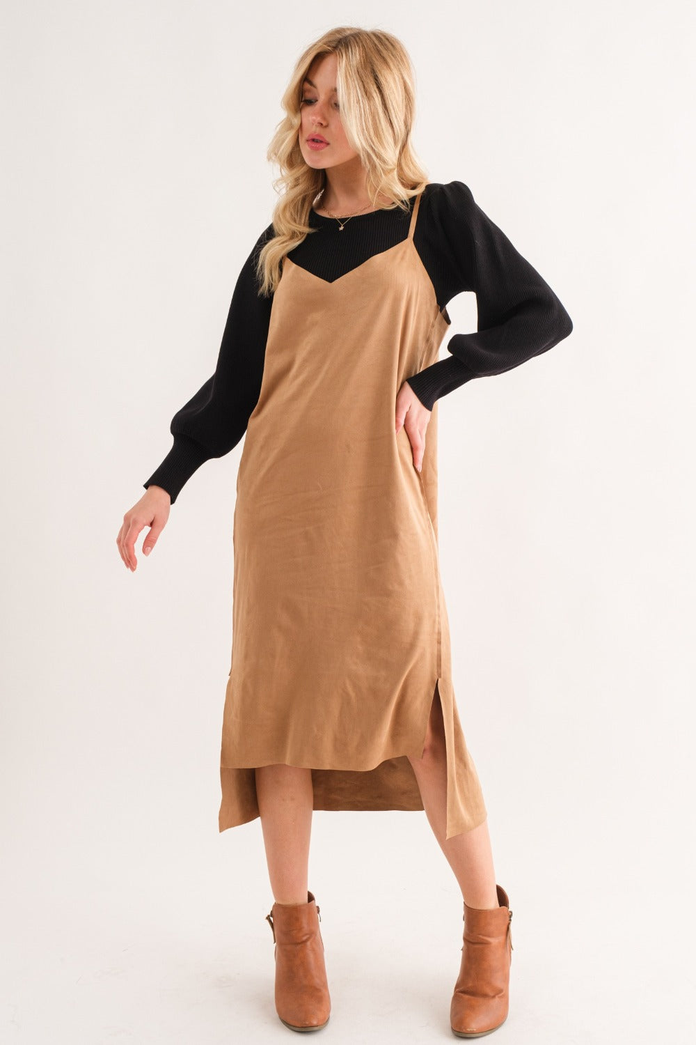 Stylish Faux Suede Cut Edge Slit Cami Midi Dress - Elegant & Versatile