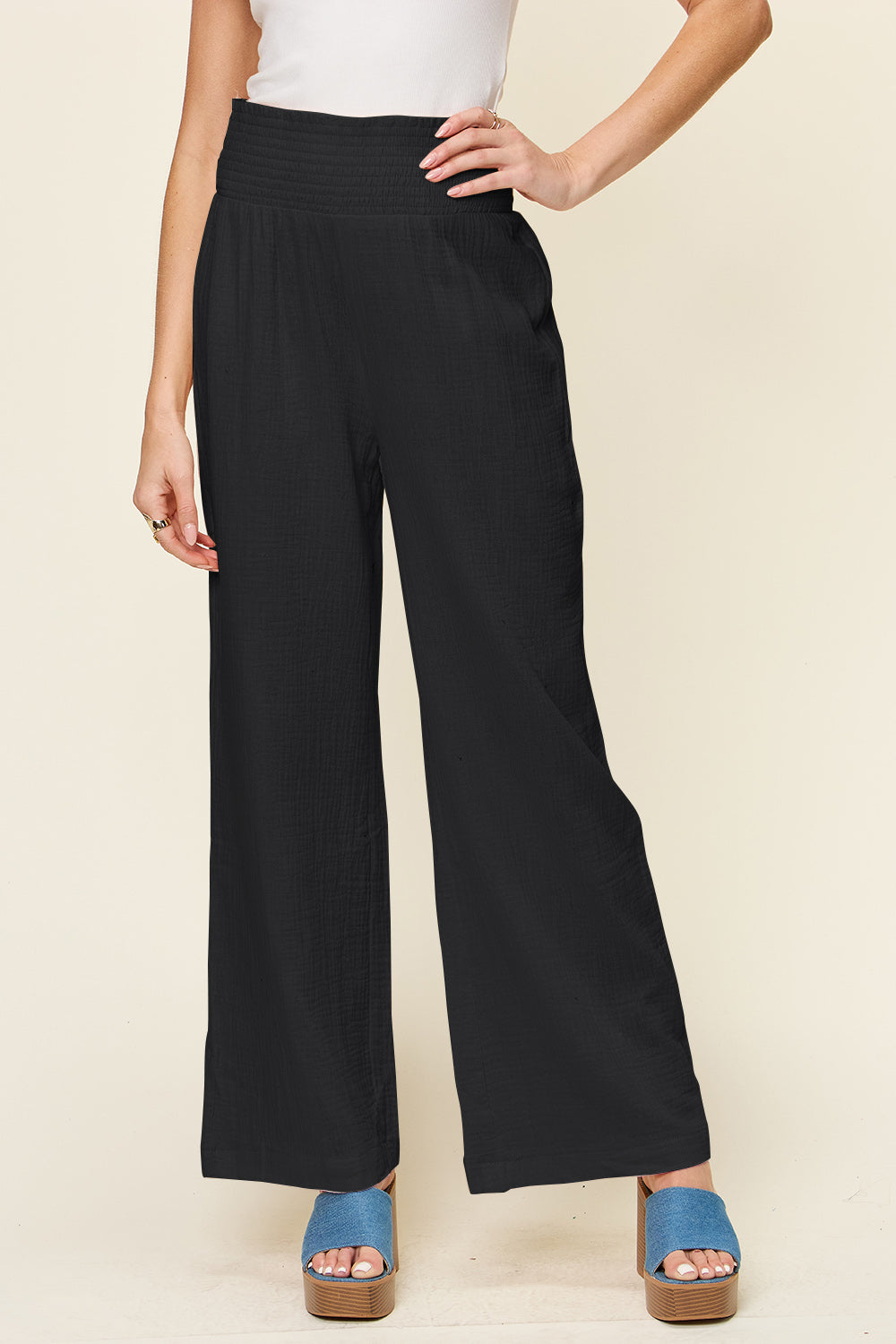 Double Take Full Size Smocked Waist Wide Leg Cotton Pants