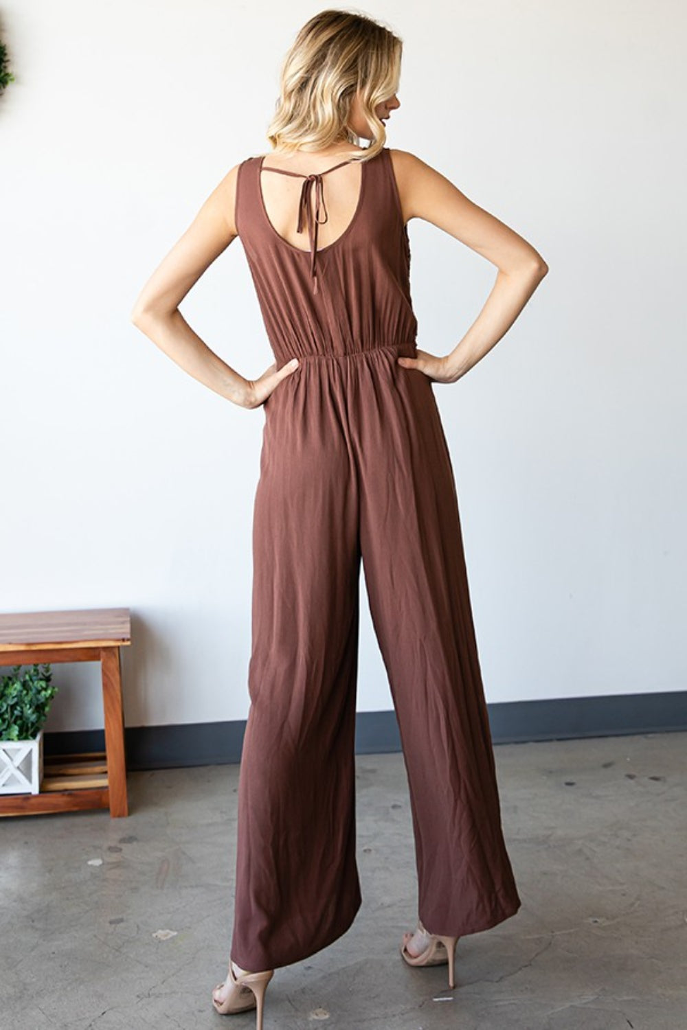 First Love Tie Back Sleeveless Wide Leg Jumpsuit with Slit for Women