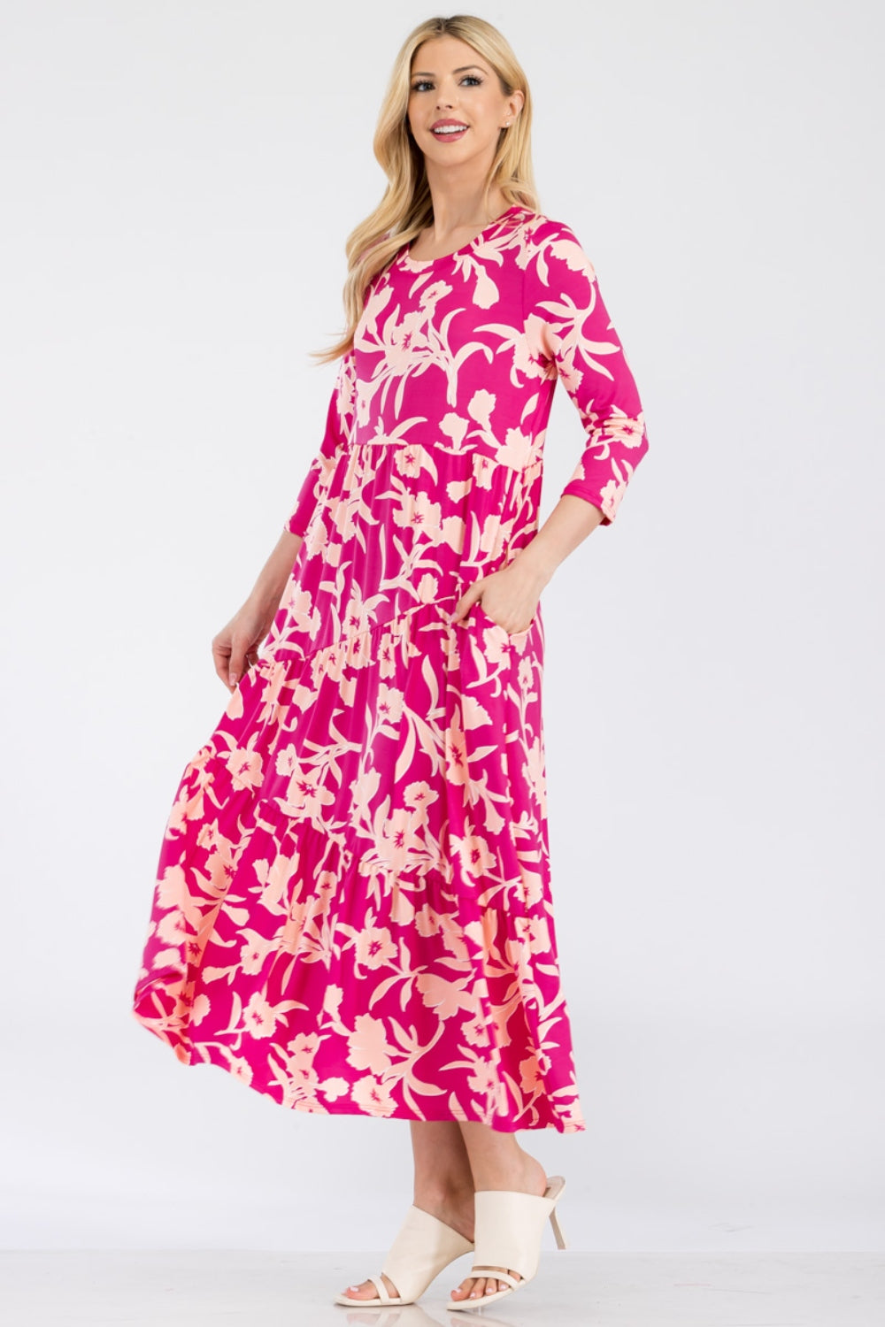 Celeste Full Size Floral Dress with Round Neck and Ruffle Hem – Elegant and Feminine