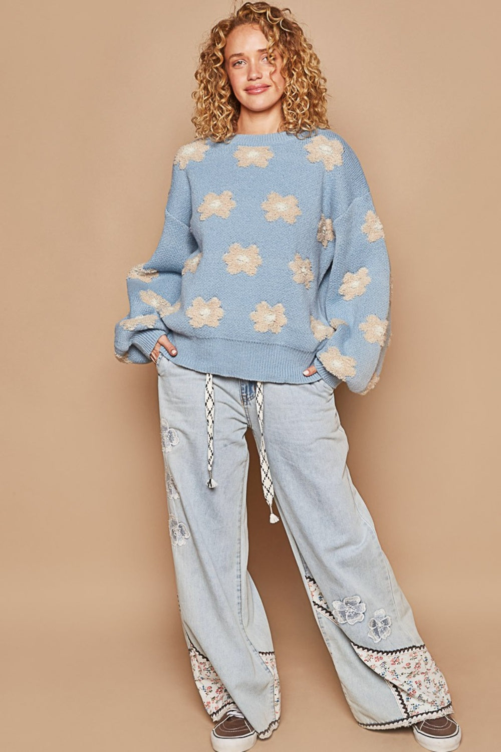 POL Daisy Pattern Oversized Drop Shoulder Sweater - Trendy & Cozy
