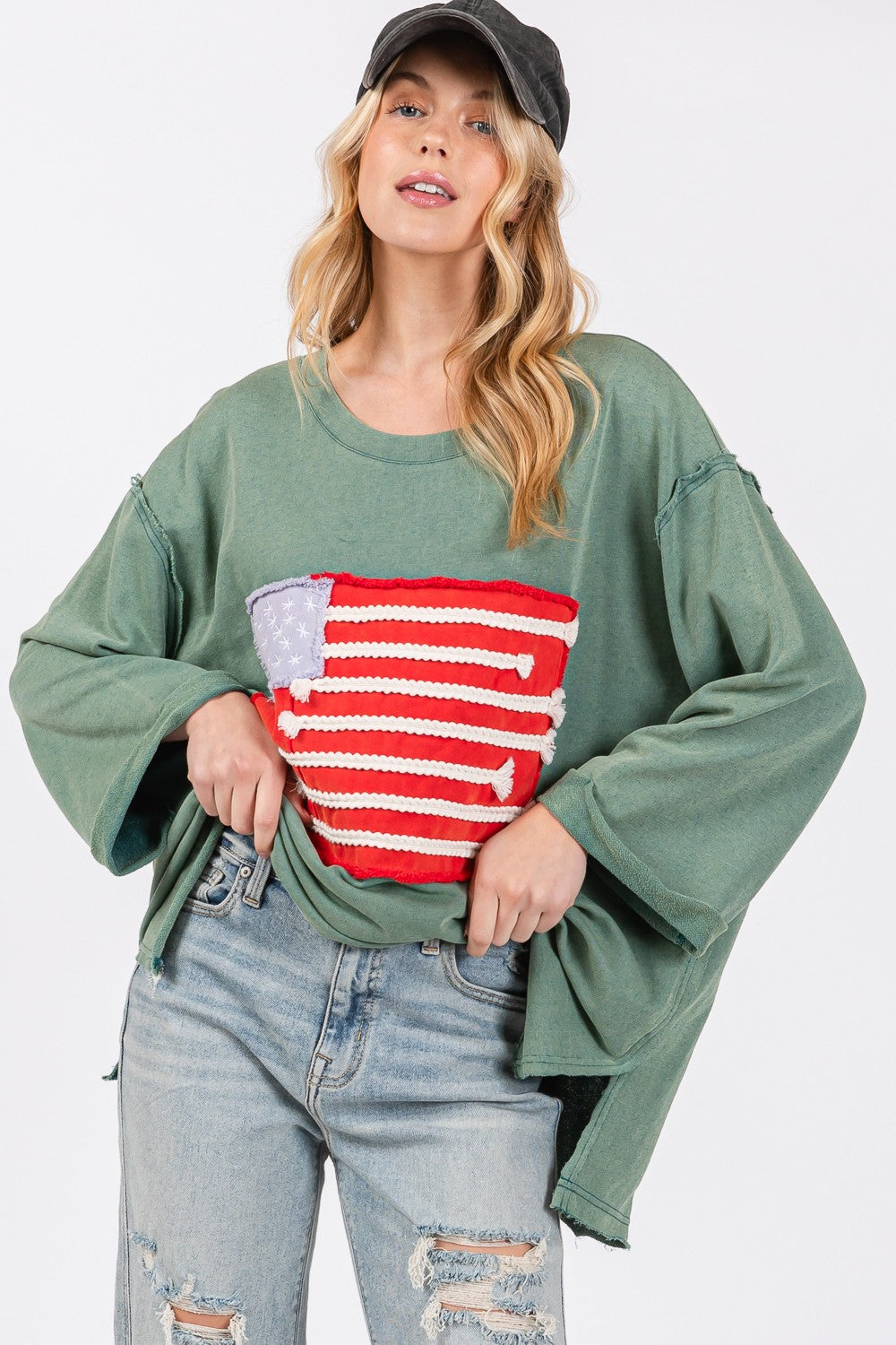 SAGE + FIG Patriotic American Flag Patch Cotton T-Shirt - Drop Shoulder Style