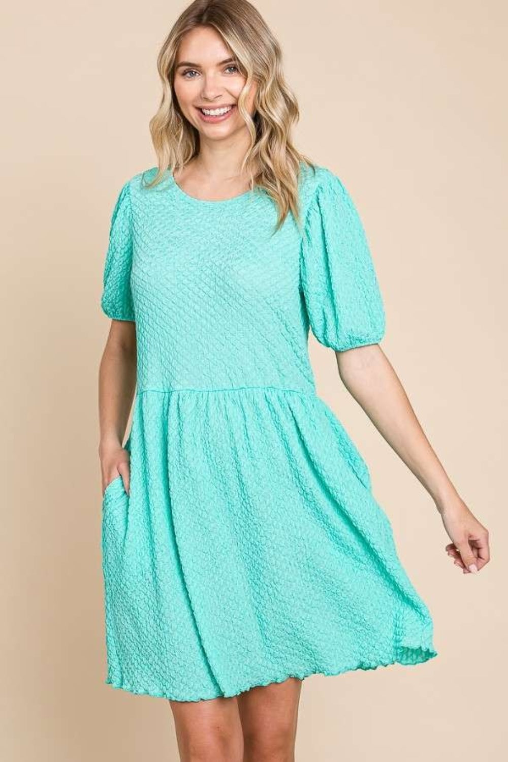 Culture Code Textured Round Neck Puff Sleeve Dress with Pockets