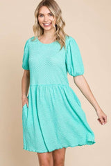 Culture Code Textured Round Neck Puff Sleeve Dress with Pockets