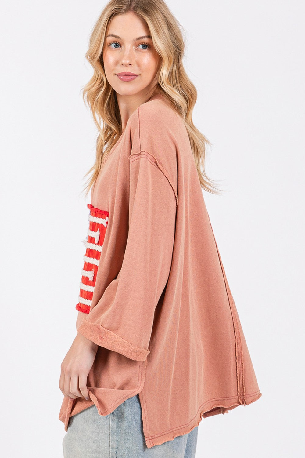 Patriotic American Flag Patch Cotton T-Shirt with Drop Shoulder Style