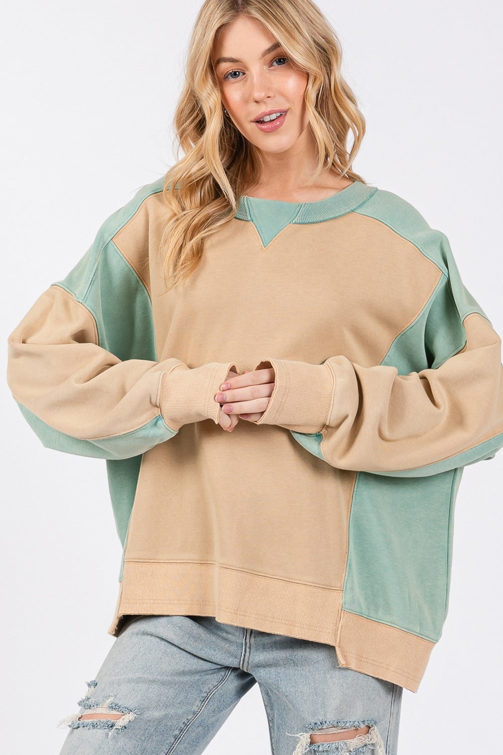 SAGE + FIG Women's Color Block Round Neck Sweatshirt - Relaxed Fit, 100% Cotton