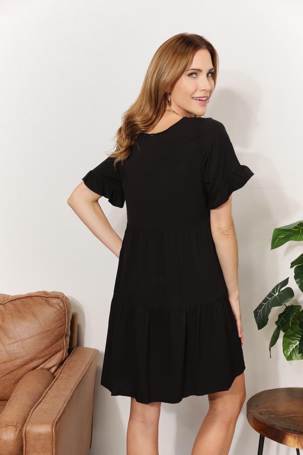 Elegant V-Neck Flounce Sleeve Tiered Dress - Perfect for Every Occasion