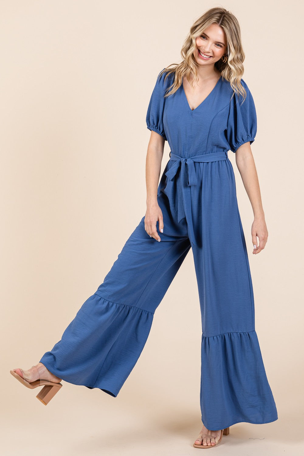 GeeGee Women's V-Neck Belted Wide Leg Jumpsuit - Chic & Versatile Outfit