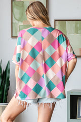 HOPELY Women's Full Size Multi-Colored Argyle Side Slit T-Shirt – Vibrant & Comfortable Style