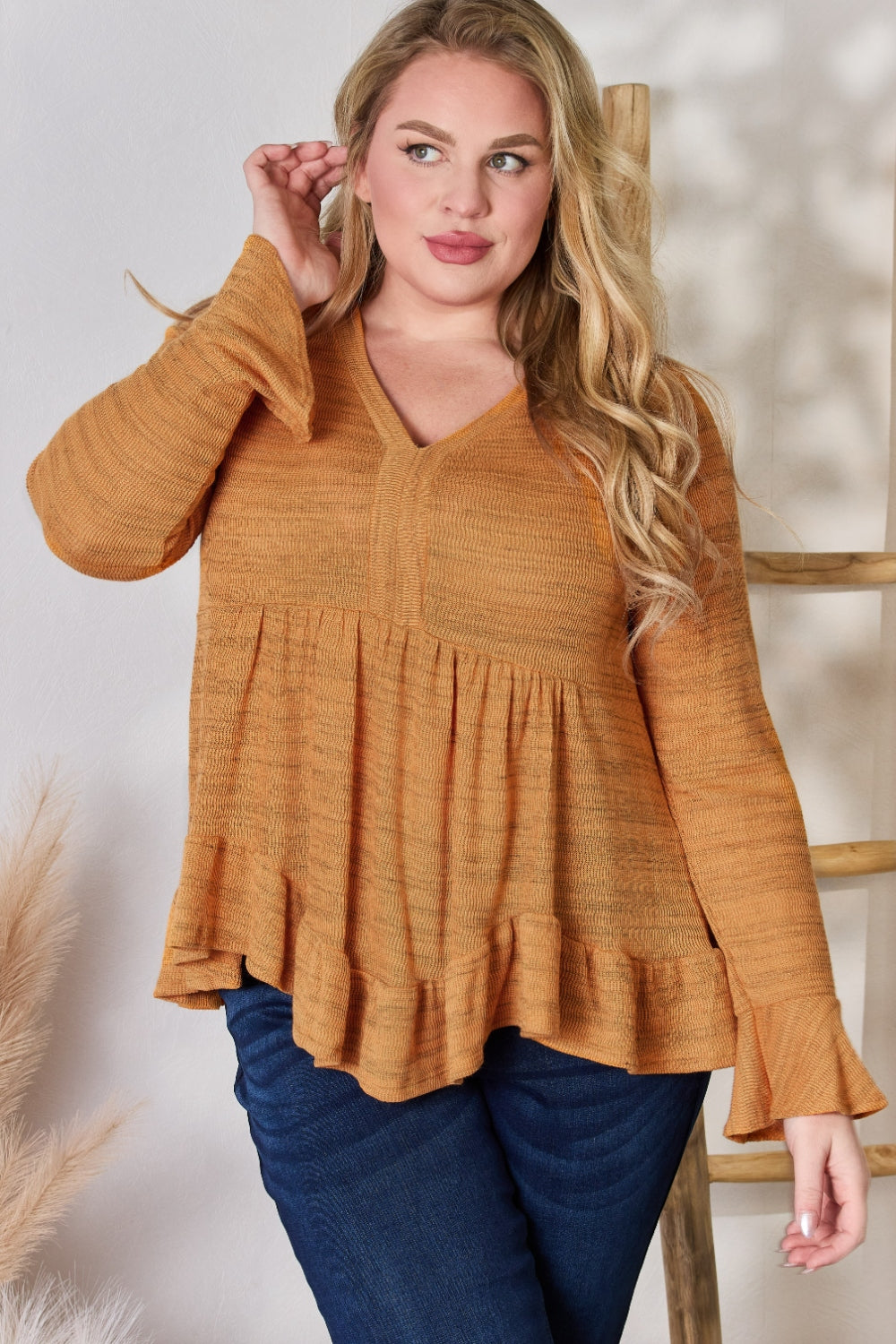Hailey & Co Women's Full Size V-Neck Flounce Sleeve Blouse - Elegant & Versatile