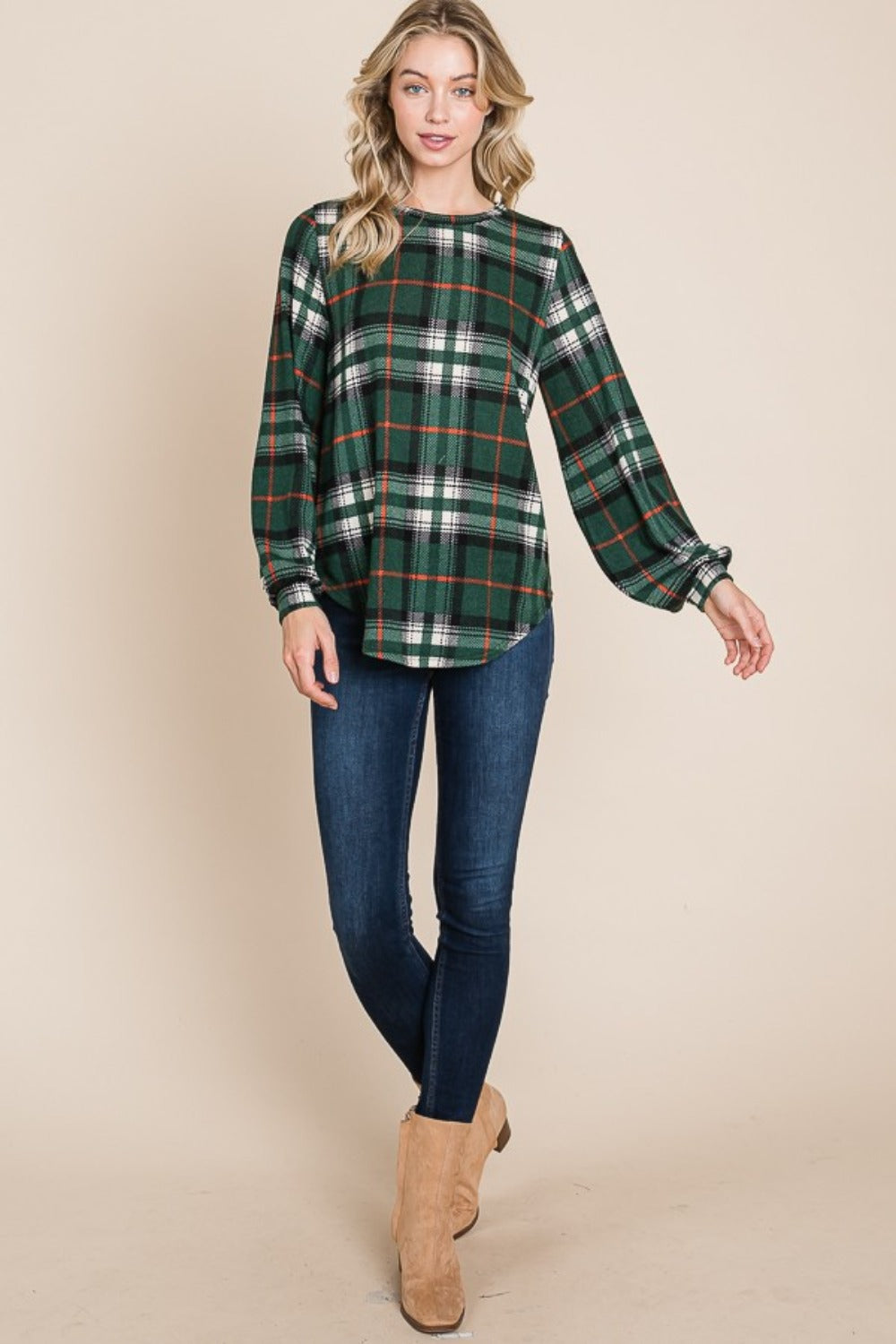 BOMBOM Women's Plaid Curved Hem Round Neck Long Sleeve Top - Stylish & Comfortable